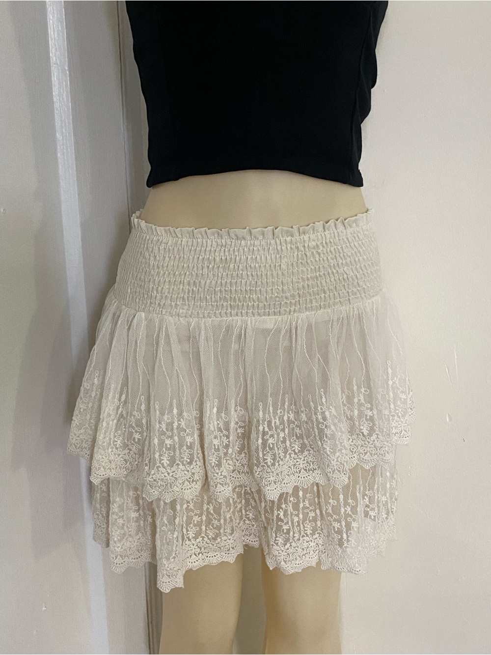 White Tiered Lace Mini Skirt